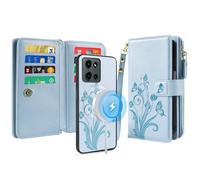 Lacass Compatible with Moto G 5G 2025/2026/ Moto G Play 2026 Detachable Wallet Case,Compatible with MagSafe,[Cards Theft Scan Protection],Magnetic Case Stand PU Leather Zipper(Floral Sky Blue)