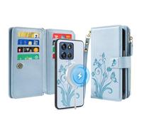 Lacass Compatible with Moto G Stylus 5G 2025/2026 Detachable Wallet Case,Compatible with MagSafe,[Cards Theft Scan Protection],Magnetic Case Stand PU Leather Zipper(Floral Sky Blue)