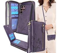 Lacass Compatible with Samsung Galaxy S22 Ultra 5G 2022 Crossbody Chain Dual Zipper Detachable Magnetic Leather Wallet Case Cover Wrist Strap 13 Card Slots Money Pocket(Floral Dark Purple)