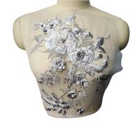 Lace Applique Floral Embroidery with 3D Flowers Beads and Rhinestones for Wedding DIY(Grey)