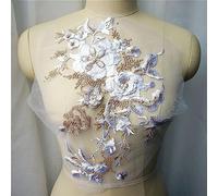 Lace Applique Floral Embroidery with 3D Flowers Beads and Rhinestones for Wedding DIY(White)