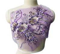 Lace Applique, Purple Lace Fabric Sequin 3D Flower Tassel Wedding Gown Appliques Embroidered Trims Collar Sew Patch for Dress Decoration