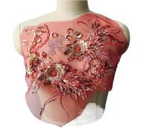 Lace Applique, Red Gold Lace Fabric Sequin 3D Flower Tassel Wedding Gown Appliques Embroidered Trims Collar Sew Patch for Dress Decoration