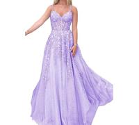 Lace Appliques Corset Prom Dresses Long with Slit for Women Spaghetti Straps Tulle Formal Party Ball Gowns Lilac UK14