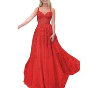 Lace Appliques Prom Dresses Tulle Princess Bridesmaid Dress Spaghetti Straps Formal Evening Party Ball Gown Red UK12