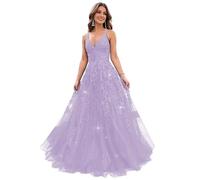 Lace Appliques V Neck Glitter Tulle Prom Dresses 2023 Long Sparkly Evening Formal Prom Dress Ball Gowns for Women, Light Lavender, Large