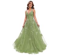 Lace Appliques V Neck Glitter Tulle Prom Dresses for Teens Sparkly Evening Formal Dresses A Line Ball Gowns for Women, Sage Green, XX-Small
