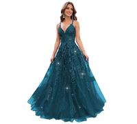 Lace Appliques V Neck Glitter Tulle Prom Dresses for Teens Sparkly Evening Formal Dresses A Line Ball Gowns for Women, Peacock, X-Small