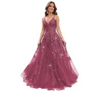 Lace Appliques V Neck Glitter Tulle Prom Dresses for Teens Sparkly Evening Formal Dresses A Line Ball Gowns for Women, Desert Rose, XX-Small