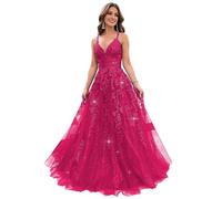 Lace Appliques V Neck Glitter Tulle Prom Dresses for Teens Sparkly Evening Formal Dresses A Line Ball Gowns for Women, Rose Red, X-Small