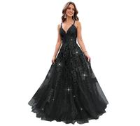 Lace Appliques V Neck Glitter Tulle Prom Dresses for Teens Sparkly Evening Formal Dresses A Line Ball Gowns for Women, Black, Large