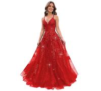 Lace Appliques V Neck Glitter Tulle Prom Dresses for Teens Sparkly Evening Formal Dresses A Line Ball Gowns for Women, Red, Small