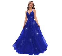 Lace Appliques V Neck Glitter Tulle Prom Dresses for Teens Sparkly Evening Formal Dresses A Line Ball Gowns for Women, Royal Blue, X-Small