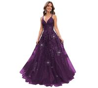 Lace Appliques V Neck Glitter Tulle Prom Dresses for Teens Sparkly Evening Formal Dresses A Line Ball Gowns for Women, Plum, X-Small