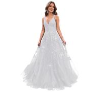 Lace Appliques V Neck Glitter Tulle Prom Dresses for Teens Sparkly Evening Formal Dresses A Line Ball Gowns for Women, White, Large