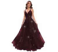Lace Appliques V Neck Glitter Tulle Prom Dresses for Teens Sparkly Evening Formal Dresses A Line Ball Gowns for Women, Burgundy, X-Small