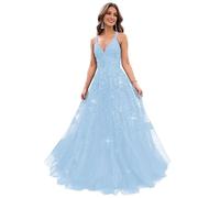 Lace Appliques V Neck Glitter Tulle Prom Dresses for Teens Sparkly Evening Formal Dresses A Line Ball Gowns for Women, Baby Blue, X-Small