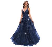 Lace Appliques V Neck Glitter Tulle Prom Dresses for Teens Sparkly Evening Formal Dresses A Line Ball Gowns for Women, Light Navy, Medium