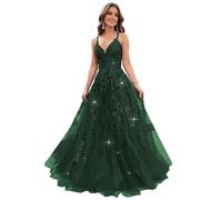 Lace Appliques V Neck Glitter Tulle Prom Dresses for Teens Sparkly Evening Formal Dresses A Line Ball Gowns for Women, Emerald Green, Medium