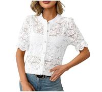 Lace Blouse Women's Button Down Lace Tops Exquisite Short Sleeve Shirt Elegant Plain Blouses Aesthetic Blouse Shirt Women Lace Shirt, White, M