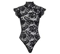 Lace Bodysuit with Super Sexy on The Back High Neck Thong Briefs Rose Kimono Sequin (Black, XL)