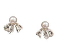 Lace Bow & Pearl Stud Earrings for Women, Vintage Inspired Dainty Earrings, Silver Tone Delicate Earrings for Daily Casual, Wedding, Party & Elegant Gifting