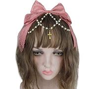 Lace Bows Headdress Multilayered Lace Bow with Pearl Chain Big Bowknot Headband Maid Anime Hair Ornaments
