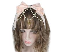 Lace Bows Headdress Multilayered Lace Bow with Pearl Chain Big Bowknot Headband Maid Anime Hair Ornaments
