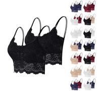Lace Bralettes for Women Padded Triangle Longline Soft Crop Bra Wireless V Neck Spaghetti Strap Bralette Top Summer Lightweight Layer Pull-on Bra Sets for Loungewear Holiday Festival 2 Pack