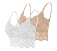 Lace Bralettes for Women Padded Triangle Longline Soft Crop Bra Wireless V Neck Spaghetti Strap Bralette Top Summer Lightweight Layer Pull-on Bra Sets for Loungewear Holiday Festival 2 Pack