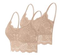 Lace Bralettes for Women Padded Triangle Longline Soft Crop Bra Wireless V Neck Spaghetti Strap Bralette Top Summer Lightweight Layer Pull-on Bra Sets for Loungewear Holiday Festival 2 Pack
