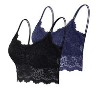 Lace Bralettes for Women Padded Triangle Longline Soft Crop Bra Wireless V Neck Spaghetti Strap Bralette Top Summer Lightweight Layer Pull-on Bra Sets for Loungewear Holiday Festival 2 Pack