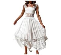 Lace Crochet Hollow Out White Dresses Women Sleeveless Backless Holiday Casual Boho Dress Ladies Loose Beach Maxi Cotton Dress-White-XL