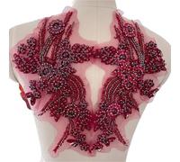 Lace Fabric 1Pair Multi-Color Hand-Sewn Glass Drill Mirror Flowers Sparkling Rhinestone Coats Waistbands Shoulders Wedding Dress DIY Patch(Burgundy)