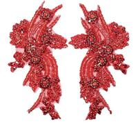Lace Fabric 1Pair Multi-Color Hand-Sewn Glass Drill Mirror Flowers Sparkling Rhinestone Coats Waistbands Shoulders Wedding Dress DIY Patch(Red)