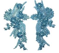 Lace Fabric 1Pair Multi-Color Hand-Sewn Glass Drill Mirror Flowers Sparkling Rhinestone Coats Waistbands Shoulders Wedding Dress DIY Patch(Lake Blue)
