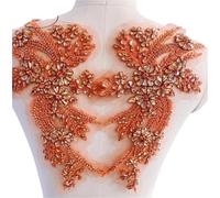 Lace Fabric 1Pair Multi-Color Hand-Sewn Glass Drill Mirror Flowers Sparkling Rhinestone Coats Waistbands Shoulders Wedding Dress DIY Patch(Orange)