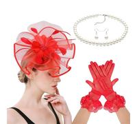 Lace Feathered Flower Fascinator Headwear Necklace Gloves Set for Women Horse Festival Headpiece Hair Accessories