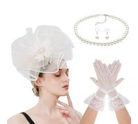 Lace Feathered Flower Fascinator Headwear Necklace Gloves Set for Women Horse Racing Festival Headpiece Hair Accessories