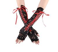 Lace Fingerless Gloves Hollow Out Retro Party Arm,Black/Red Ribbon | Lace material comfortable touch not easy to deform elbow length adjustable lace-up elastic fit suitable for bridal