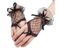 Lace Fingerless Tulle Short Gloves Ultra Thin Stretchy Mesh Bride Vintage Bowknot Wedding Party Wrist Accessories For Weddings, Tea Parties(Black)