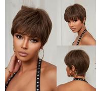 Lace Front Human Hair Wigs Short Cut Wigs with Bang Brown Layered Straight Wig for Black Afro Women HD Transprent Lace-HTWIG002-1