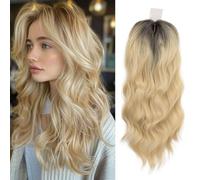 Lace Front Wavy Big Base Coverage Thinning Clip in Hair Extensions for Women Fiber Wigs with Bangs (Ombre Blonde)