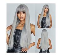 Lace Front Wig 65cm/26inch Long Straight Synthetic Wig with Bangs Mixed Grey Blonde Cosplay Lolita Wig for Women Party High Temperature Fibre Hair for Daily Party Use(Color:Wig-WL1085-7)