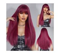 Lace Front Wig Long Straight Synthetic Wig Natural Wine Red Wig with Bangs for Black Women Cosplay Halloween Party Heat Resistant Hair for Daily Party Use(Color:A)