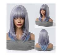 Lace Front Wigs Human Hair 14inch/35cm Purple Blue Ombre Cosplay Synthetic Wigs Short Bob Straight Lolita Halloween Hair Wig with Bangs for Women Heat Resistant for Women