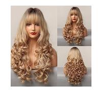 Lace Front Wigs Human Hair 25inch Ombre Brown Champagne Blonde Highlight Long Loose Wave Synthetic Hair Wigs with Bang Heat Resistant Fake Hair for Women for Women