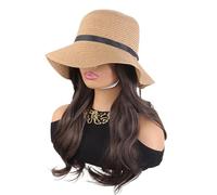 Lace Front Wigs Human Hair Big Brimmed Hat Women's Summer Vacation Wave Curly Hair One-piece Wig for Women(Natural)