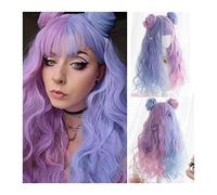 Lace Front Wigs Human Hair Long Wave Curly Wig with Bangs and Small Hair Bun, Purple Mixed Blue Pink Lolita Cosplay Party Synthetic Wigs for Women Girls for Women