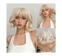 Lace Front Wigs Human Hair Platinum Blonde Short Wavy Wig with Bangs Synthetic Bob Cosplay Lolita Natural Hair Wigs for White Women Heat Resistant for Women